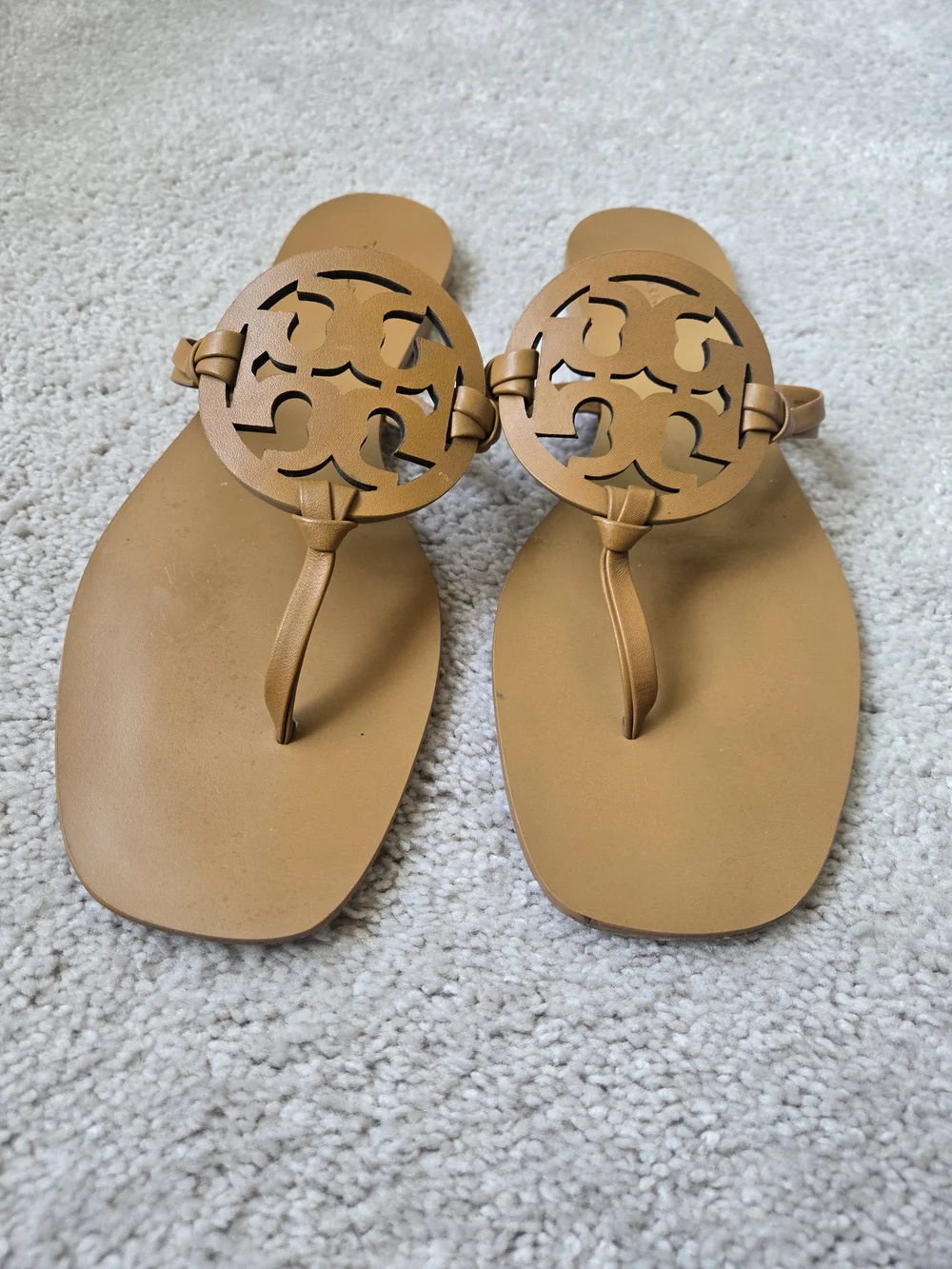 Tory Burch Mustard Tan Logo Medallion Thong Sandals